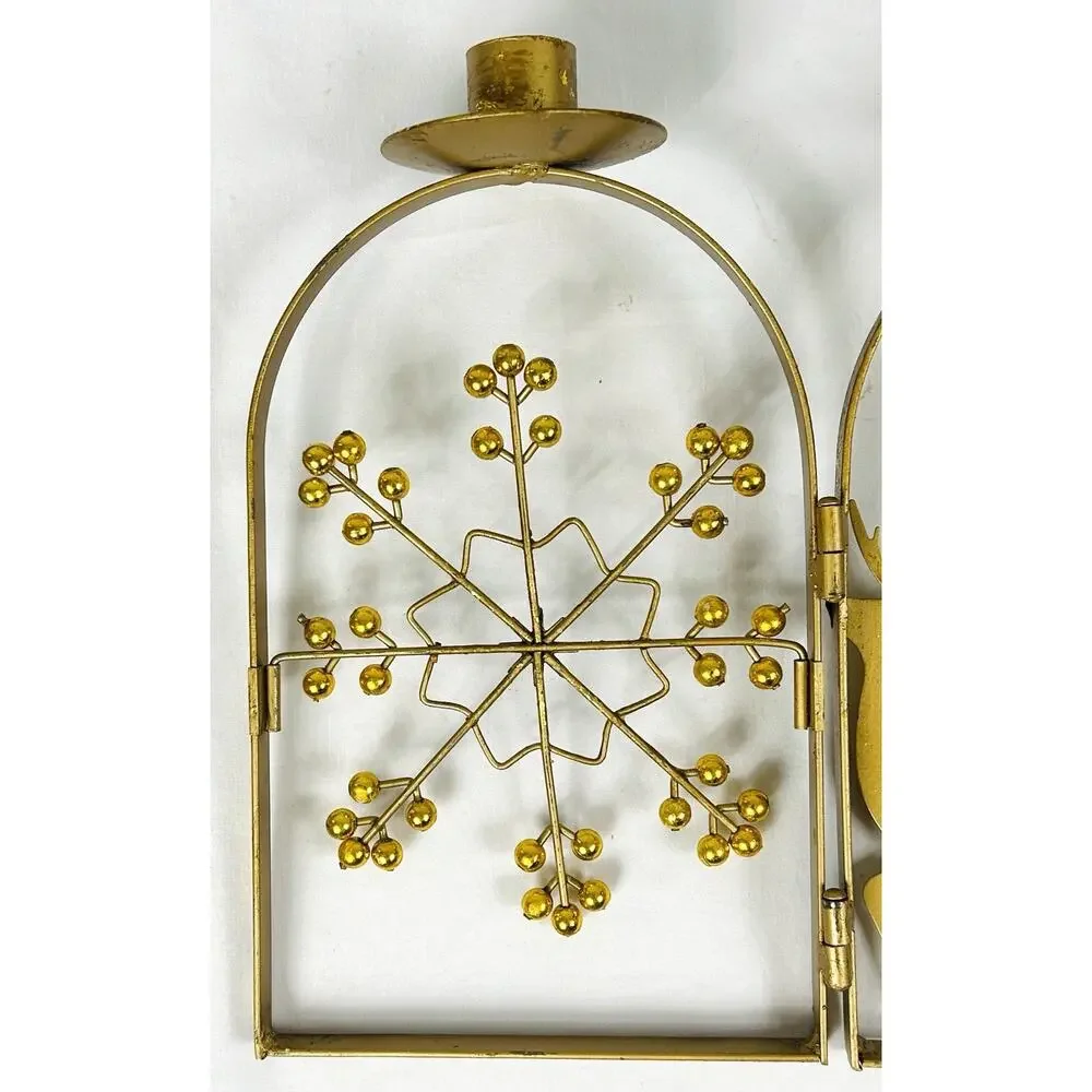 Gold Metal 3 Taper Candle Holder Reindeer Deer Snowflake Winter Holiday Decor